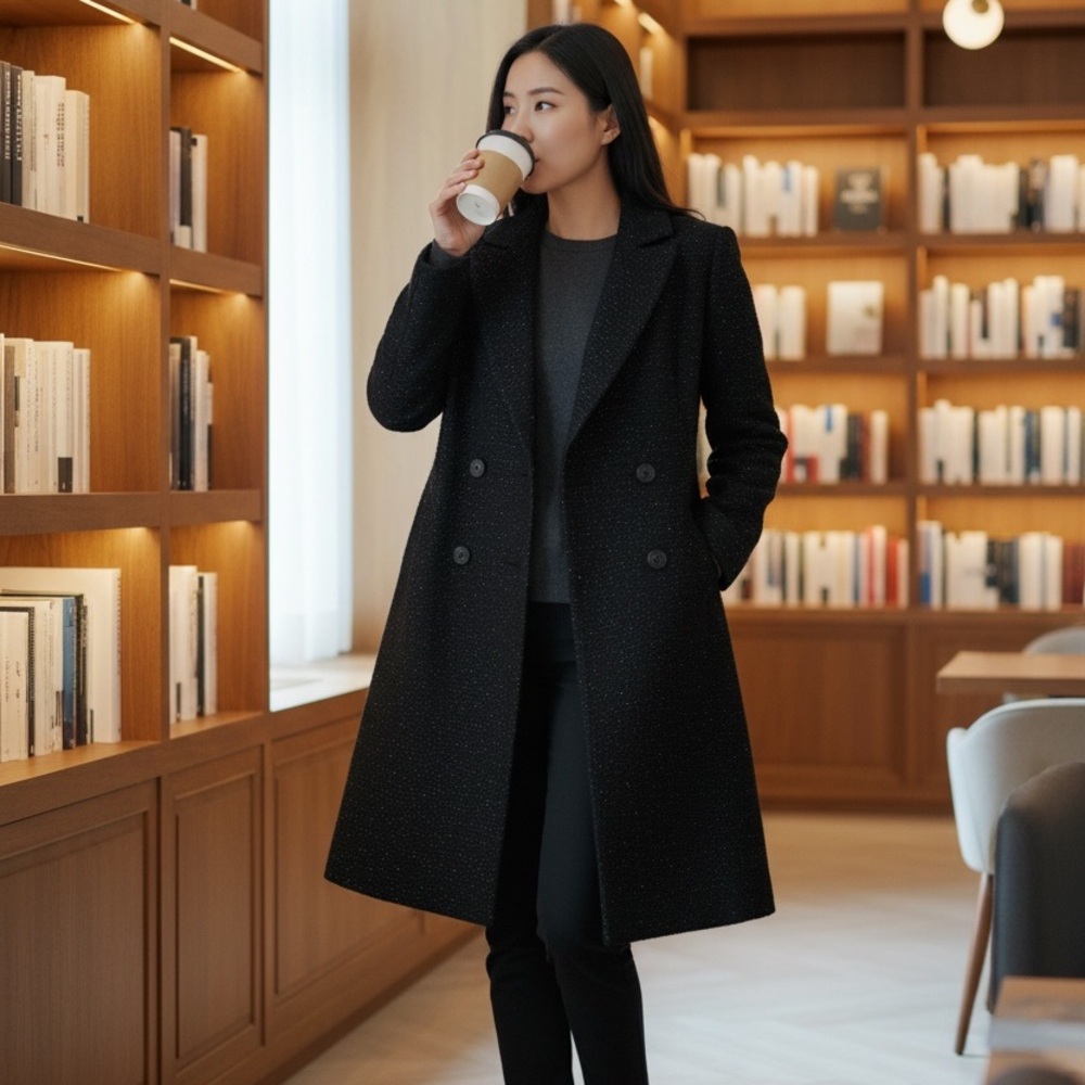 CHANEL Black Double-Breasted Wool Trench Coat with Classic Lapels